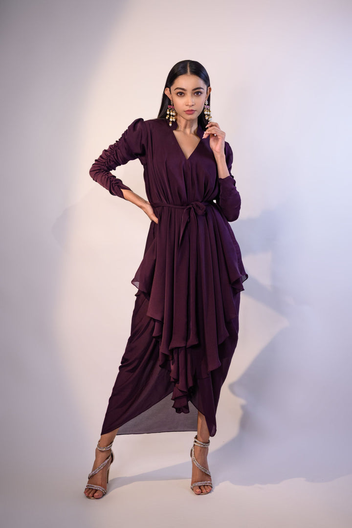 Wine One Piece Drape Dress