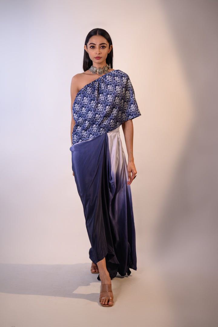 Blue Printed and Ombre Dyed Drape Dress